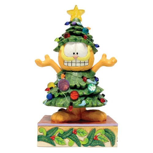 Jim Shore Garfield figurine dressed as a Christmas tree with colorful ornaments and illuminated LED star.
Hand-painted stone resin Garfield holiday collectible featuring a glowing tree topper and folk-art detailing.
Front view of Garfield Christmas tree figurine with LED star from the Heartwood Creek Collection.