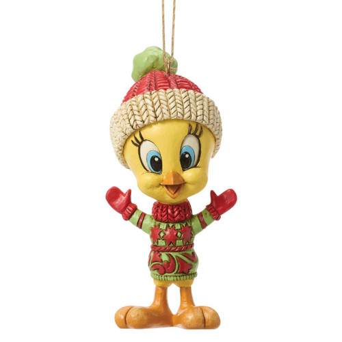 Jim Shore Tweety Christmas ornament wearing a festive sweater, knit winter hat, and red mittens.
Hand-painted stone resin Tweety ornament with Heartwood Creek folk-art rosemaling details.
Looney Tunes Tweety hanging Christmas ornament featuring holiday attire and colorful handcrafted accents.