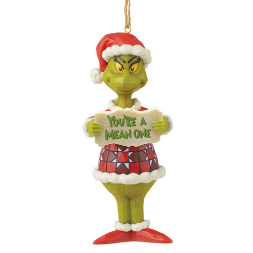 Jim Shore Grinch You're a Mean One ornament holding a sign while wearing a Santa hat.
Hand-painted PVC Grinch ornament with quilt-inspired folk-art details and hanging cord.
Dr. Seuss Grinch Christmas ornament featuring the "You're a Mean One" message.