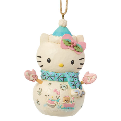Jim Shore Hello Kitty Snowman ornament featuring Hello Kitty dressed as a festive snowman with blue hat, scarf, and pink mittens.
Hand-painted stone resin Hello Kitty Christmas ornament with holly bow accent and winter-themed artwork on the snowman body.
Sanrio holiday ornament with Jim Shore folk-art detailing, hanging cord, and charming seasonal snowman design.