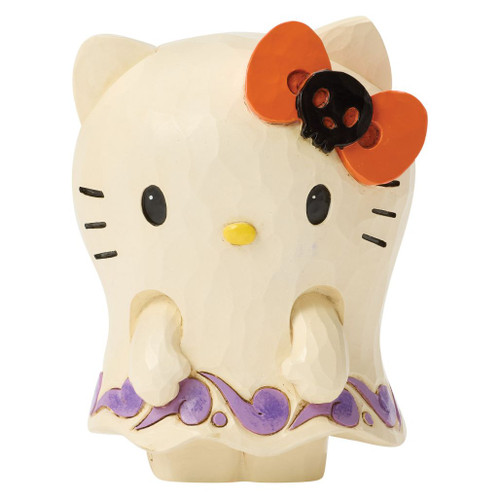 Jim Shore Hello Kitty Ghost Mini figurine wearing a white ghost costume with an orange bow and black skull accent.
Hand-painted stone resin Hello Kitty Halloween collectible featuring purple folk-art rosemaling trim.
Mini Sanrio Halloween figurine with ghost costume and Jim Shore signature styling.