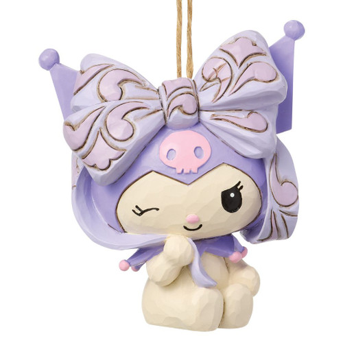 Jim Shore Kuromi Bow Ornament featuring Kuromi with an oversized lavender bow and jester hood.

Hand-painted stone resin Sanrio Christmas ornament with carved folk-art rosemaling details.

3-inch Kuromi hanging ornament for holiday tree decorating and collectible displays.