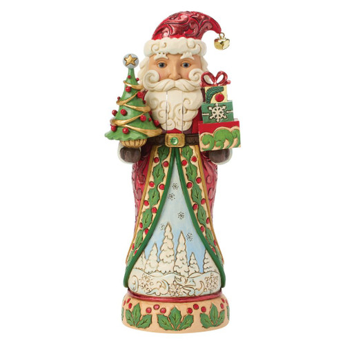 Jim Shore Christmas Keepsake Santa nutcracker holding a decorated Christmas tree and stacked gifts with a sculpted winter scene on his cloak.
Hand-painted Heartwood Creek Santa nutcracker in stone resin featuring a movable mouth lever, folk art patterns, and festive red and green robes.
Decorative Santa nutcracker collectible with carved scrollwork, holly accents, Christmas tree, presents, and realistic nutcracker lever.