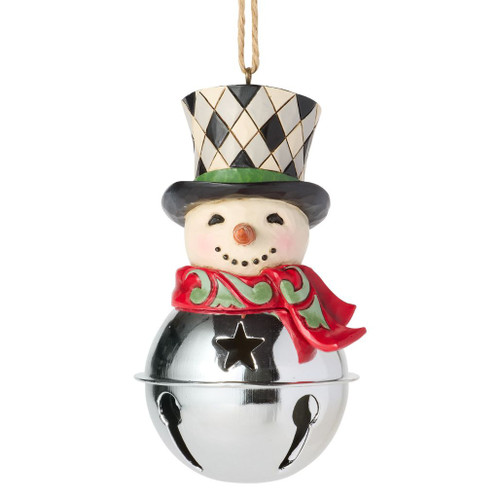 Jim Shore Highland Glen snowman bell ornament with a black-and-white checkered top hat and red scarf.
Hand-painted stone resin snowman ornament featuring a polished silver bell body and folk-art detailing.
Heartwood Creek Highland Glen snowman jingle bell ornament with attached hanging cord for Christmas trees.