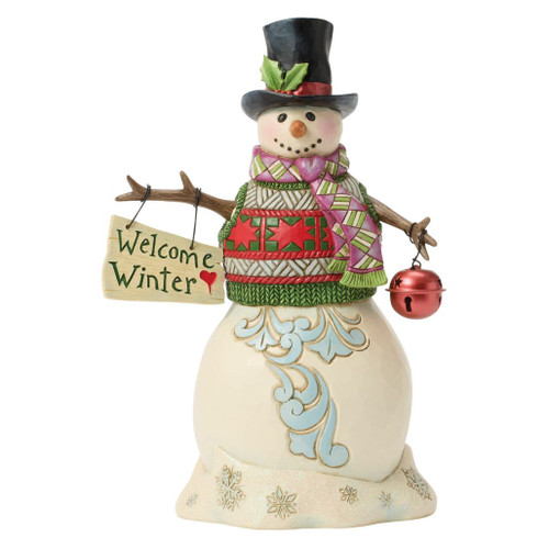 Jim Shore Snowman Welcome Winter figurine holding a wooden welcome sign and red jingle bell.
Hand-painted stone resin snowman with knit sweater, striped scarf, top hat, and folk-art detailing.
Heartwood Creek Snowman Collection figurine featuring rosemaling accents and winter décor.