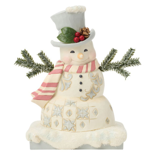 Jim Shore Woodland Winter Welcome snowman figurine wearing a frosted top hat with holly and pinecone accents.
Hand-painted stone resin White Woodland snowman with snowy evergreen branch arms and striped scarf.
Heartwood Creek Woodland Winter Welcome collectible featuring rustic winter details and folk-art patterns.