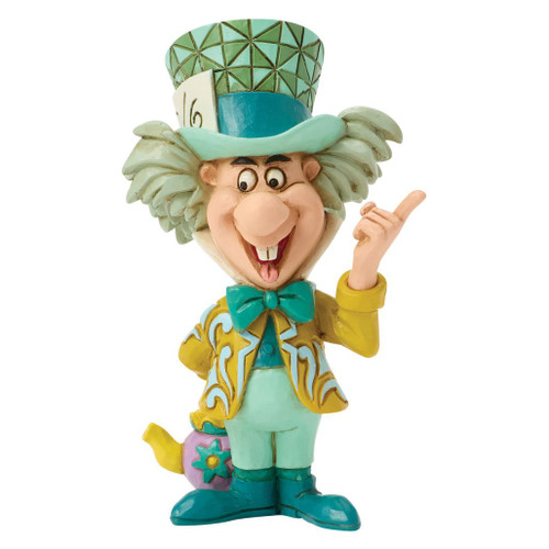 Alt Text 1:
Jim Shore Disney Traditions Mad Hatter Mini figurine featuring the whimsical character from Disney's Alice in Wonderland.

Alt Text 2:
Hand-painted stone resin Mad Hatter collectible wearing his signature oversized hat and holding a colorful teapot.

Alt Text 3:
Front view of Jim Shore Mad Hatter Mini figurine with folk-art patterns, bright colors, and detailed stone resin craftsmanship.