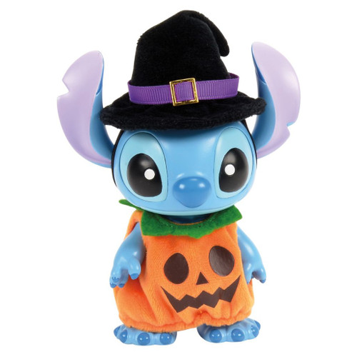 Grand Jester Studios Trick or Treat Stitch figurine wearing a plush orange jack-o'-lantern costume and black witch's hat.
Disney Stitch Halloween collectible featuring a pumpkin outfit with green collar, purple hat band, and gold buckle.
Official Disney Stitch vinyl figurine with PVC body and polyester pumpkin costume, approximately 4.5 inches tall.
