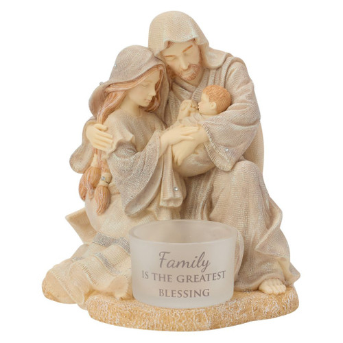 Foundations Nativity figurine featuring Mary, Joseph, and Baby Jesus with a tealight candle holder.
Stone resin Christmas figurine with crystal accents and engraved "Family Is the Greatest Blessing" sentiment.
Religious Christmas tabletop decoration designed to hold a standard tealight candle.