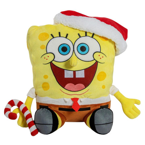 Kidrobot SpongeBob SquarePants Santa HugMe plush wearing a red Santa hat and holding a striped candy cane.
Holiday-themed polyester plush with embroidered facial details and festive Christmas styling.
16-inch interactive SpongeBob collectible with shake-action activated by hugs or clapping.
