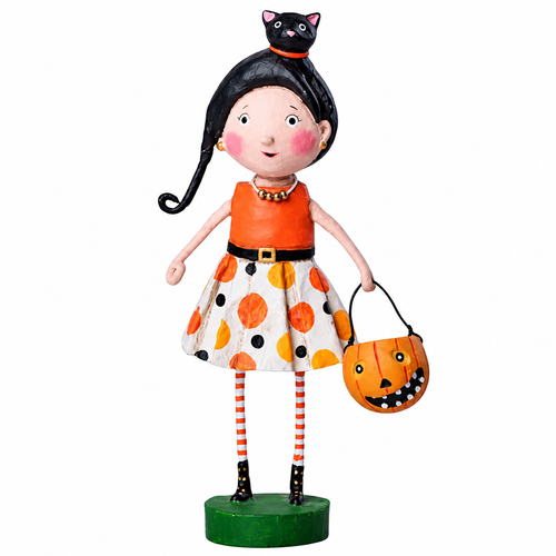 Whimsical Kit Kat Halloween figurine wearing an orange top and polka-dot skirt.
7.5-inch poly resin character with a black cat hat and pumpkin trick-or-treat bucket.
Playful Halloween tabletop decoration displayed on a green base.