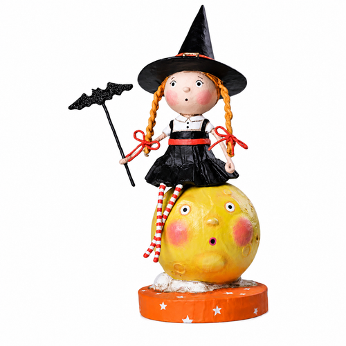 Whimsical Mischief on the Moon Halloween figurine featuring a young witch sitting atop a smiling moon.
7-inch poly resin decoration with a black witch hat, striped stockings, and a decorative bat wand.
Playful Halloween tabletop accent displayed on an orange star-patterned base.