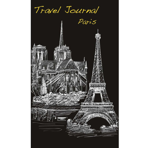Paris travel journal featuring white sketch-style illustrations on a black cover. Cover artwork includes the Eiffel Tower, Notre Dame, and Seine river scene. Paper journal with 96 pages designed for travel notes, memories, and planning.