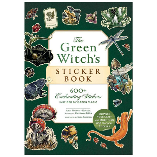 The Green Witch's Sticker Book featuring botanical and magical illustrations with over 600 nature-inspired stickers.
Green hardcover-style sticker book decorated with mushrooms, flowers, insects, amphibians, and botanical artwork.
The Green Witch's Sticker Book with 144 pages of whimsical green magic-inspired stickers for journals and crafts.