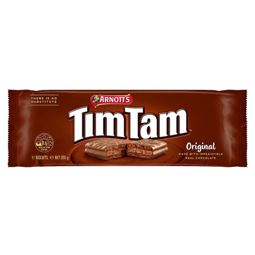 Arnott's Tim Tam Original chocolate biscuits in a 163 g brown package.
Australian chocolate biscuits with chocolate cream filling and chocolate coating.
Imported Tim Tam Original biscuits featuring 9 chocolate-filled sandwich biscuits.