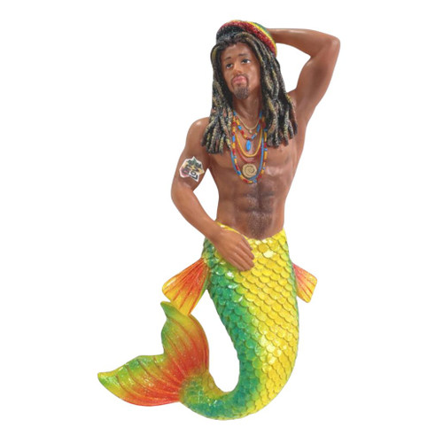 Resin Christmas ornament featuring a tropical-inspired merman with a shimmering green, yellow, and orange tail.
6.5-inch coastal holiday ornament with colorful knit cap, layered necklaces, and glittered mermaid tail.
Whimsical beach-themed Christmas ornament with vibrant tropical colors and resin construction.