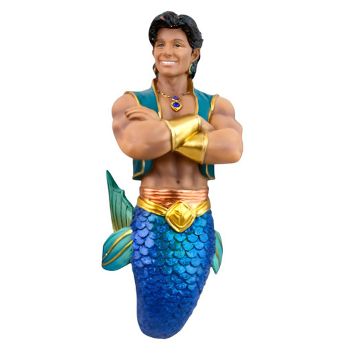 December Diamonds Prince Aden Merman resin ornament with a royal-inspired vest, gold accents, and blue mermaid tail.
6.5-inch collectible Christmas ornament featuring a prince-inspired merman with crossed arms and jeweled details.
Resin fantasy-themed merman ornament with shimmering blue scales, teal fins, and regal styling.