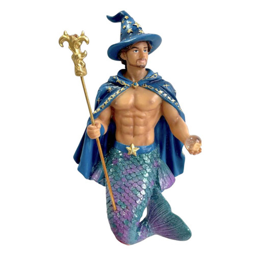 December Diamonds Crystal Balls Merman resin ornament wearing a blue wizard hat and celestial cape.
6.5-inch collectible Christmas ornament featuring a magical merman holding a crystal ball and ornate staff.
Fantasy-inspired resin merman ornament with shimmering blue and purple scales, wizard attire, and mystical details.