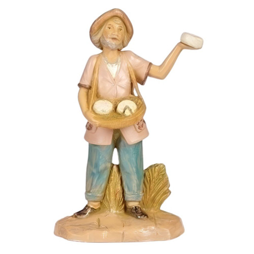 Fontanini Lorenzo cheese peddler figurine carrying a basket of cheese and holding one piece in his raised hand.

5-inch scale Lorenzo polymer figurine wearing a hat, pink vest, and blue trousers with cheese-filled basket.

Hand-painted Fontanini village cheese peddler standing beside sculpted grain with market goods in his hands.