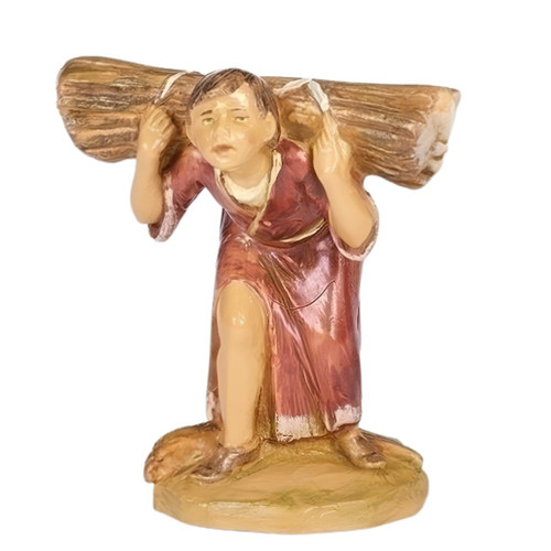 Fontanini Niccolo figurine carrying a large bundle of wood across his shoulders.

5-inch scale Niccolo polymer figure leaning forward beneath firewood and wearing a hand-painted rose-colored garment.

Hand-painted Fontanini village figurine of Niccolo carrying wood on his shoulders while standing on a sculpted base.