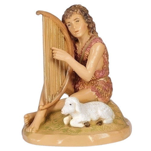 Fontanini Azarel shepherd figurine seated beside a white lamb while playing a tall harp.

5-inch scale Azarel polymer Nativity figure with harp, textured rose-colored clothing, and resting lamb.

Hand-painted Fontanini shepherd scene featuring seated Azarel playing a golden-toned harp beside a lamb.