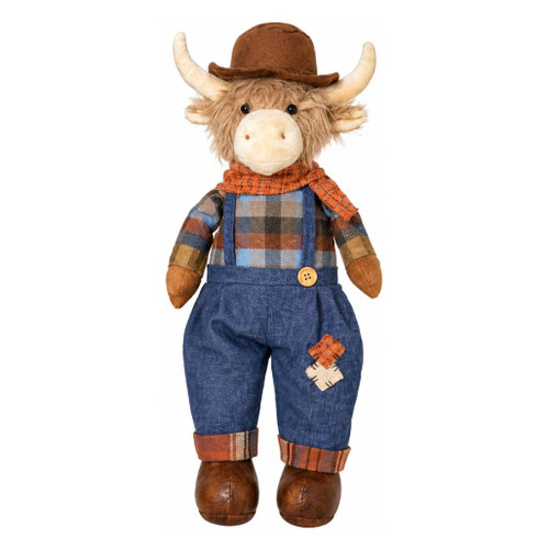 Plush Barnaby Highland cow harvest sitter with shaggy tan fur, soft horns, blue overalls, plaid shirt, orange scarf, and brown hat.

19-inch plush Highland cow sitter wearing blue overalls with patch detail, plaid cuffs, and brown shoes.

Barnaby Highland cow harvest sitter displayed on a wooden shelf with dangling legs and rustic fall clothing.

2863440