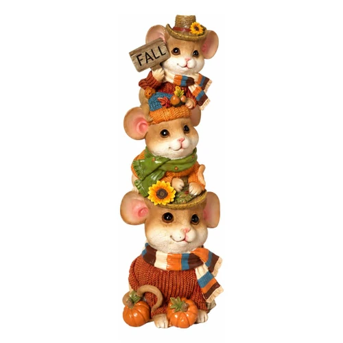 Harvest stacked mice figurine featuring three mice dressed in colorful autumn clothing and stacked vertically.

10.24-inch resin figurine with three harvest mice, pumpkins, sunflower accents, scarves, and a FALL sign.

Tall fall mouse figurine with three stacked mice wearing harvest hats and scarves alongside pumpkins and sunflower details.

2854720