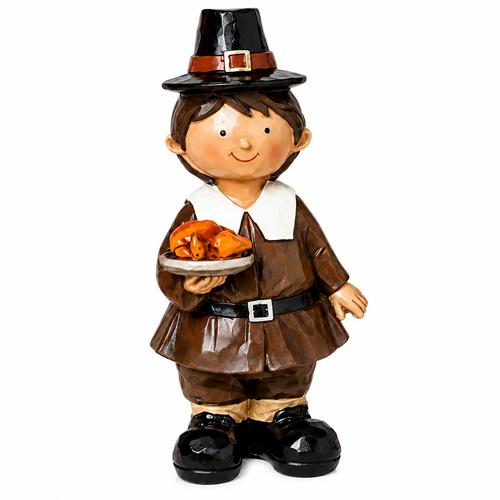 Pilgrim boy figurine wearing brown clothing and a black buckled hat while carrying a turkey platter.

6.3-inch resin pilgrim boy with white collar, black shoes, brown outfit, and roasted turkey platter.

Thanksgiving pilgrim boy figurine holding a turkey platter and wearing a tall black pilgrim-style hat.

2851480