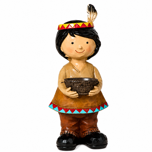 Native American boy figurine holding a dark brown decorative bowl.

6.3-inch resin figure with tan and brown clothing, colorful geometric trim, headband, and feather.

Harvest figurine holding a bowl with red, turquoise, yellow, brown, and black details.

2851480