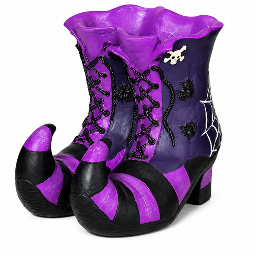 Purple and black witch boot figurine with curled toes, black laces, spiders, skull, and spiderweb details.

Halloween figurine shaped like a pair of purple and black witch boots with exaggerated pointed toes.

9.45-inch-tall magnesium witch boot figurine with sculpted Halloween details.