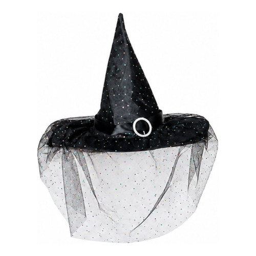 Black witch hat with pointed crown, buckle, sparkling accents, and sheer veil.

Black fabric witch hat with a wide 17-inch diameter brim.

Halloween witch hat featuring black fabric, glittering dots, silver-tone buckle, and sheer draping.