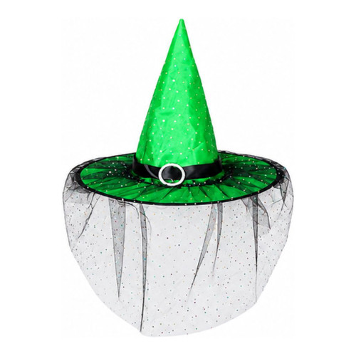 Green witch hat with pointed crown, black band, buckle, sparkling accents, and sheer veil.

Green fabric witch hat with a wide 17-inch diameter brim and black trim.

Halloween witch hat featuring bright green fabric, sparkling dots, buckle detail, and sheer black veil.