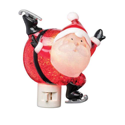 Santa skating plug-in night light with illuminated red suit, black ice skates, mittens, and white beard.

5-inch resin Christmas night light featuring Santa balancing playfully on silver-bladed ice skates.

Plug-in Santa night light with glowing red body, white-trimmed hat, black boots, belt, and raised arms.