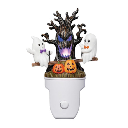 Ghosts on seesaw Halloween night light with two white ghosts, jack-o'-lanterns, and an illuminated spooky tree.

6.75-inch resin plug-in night light featuring smiling ghosts on a seesaw beneath a gnarled Halloween tree.

Halloween night light with two bow-tied ghosts, orange pumpkins, dark tree, and glowing purple face.