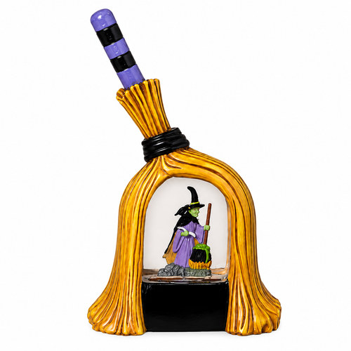 Broom-shaped Halloween water globe with an orange broom, purple handle and witch scene inside.
Bubbling witch water globe featuring a green-faced witch in purple surrounded by swirling glitter.
10.87-inch witch broom water globe with orange, black and purple Halloween details.