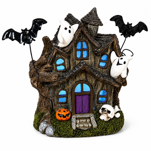 Lighted haunted house figurine with purple front door, blue illuminated windows, ghosts and flying bats.
Resin Halloween haunted house with twisted tree, jack-o'-lantern, skull and ghost details.
5.12-inch haunted house figurine with purple door and color-changing LED windows.