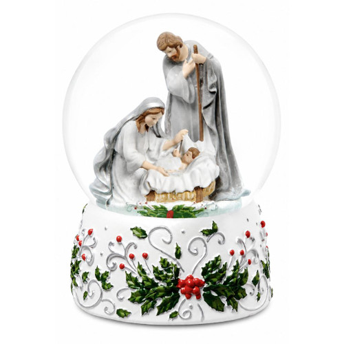 7-inch Holy Family musical dome featuring Mary, Joseph, and baby Jesus.

Nativity dome with white and silver Holy Family scene and decorative holly base.

Wind-up Holy Family Christmas dome with green holly leaves, red berries, and silver scrollwork.