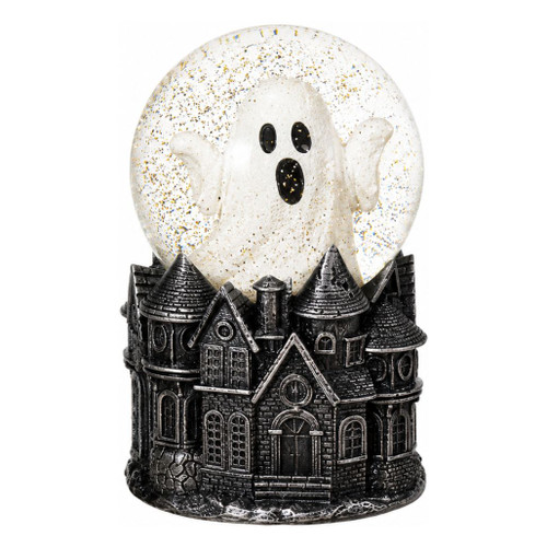 Ghost lighted water globe with white ghost inside a glitter-filled clear globe above a haunted house.

Halloween water globe with white ghost and detailed black and silver-tone haunted mansion base.

7.75-inch-tall ghost water globe with glitter-filled glass globe and spooky haunted house design.