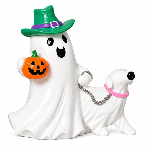 Halloween ghost figurine wearing a green witch hat and holding an orange jack-o'-lantern.

White resin ghost with green hat walking a ghost dog with a pink collar and silver-tone leash.

4.9-inch-tall Halloween ghost figurine with colorful witch hat, pumpkin, and ghost dog.