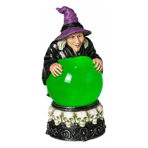 Lighted Halloween witch water globe with purple-hatted witch leaning over a bright green globe.

Spinning smoky witch water globe with green glass globe, sculpted skulls, and ornate black base.

8.75-inch-tall Halloween witch water globe with lighted green globe, purple hat, and skull details.