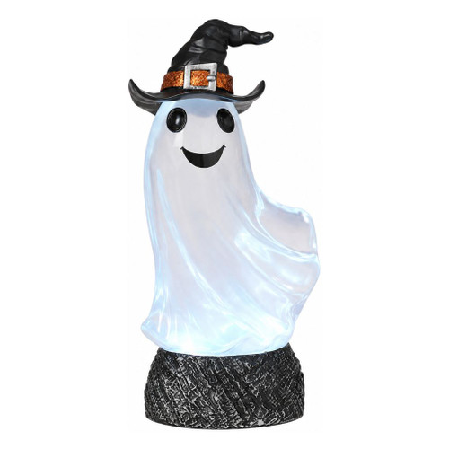 Lighted Halloween ghost water globe with smiling white ghost wearing a crooked black witch hat.

12-inch spinning smoky ghost decoration with illuminated white body, black hat, and glittery orange hatband.

Halloween ghost water globe with liquid fill, witch hat, glowing white body, and textured black base.