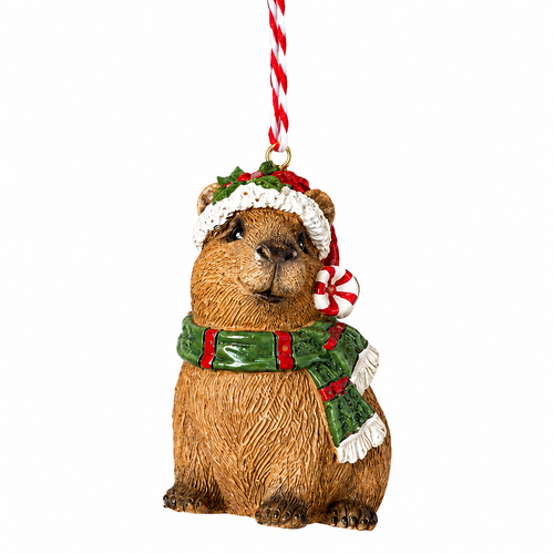 Holiday capybara resin ornament wearing a green scarf and festive red-and-white hat.

Brown capybara Christmas ornament with green scarf, peppermint-style accent, and striped hanging cord.

2.74-inch holiday capybara ornament with textured fur and red, green, and white details.