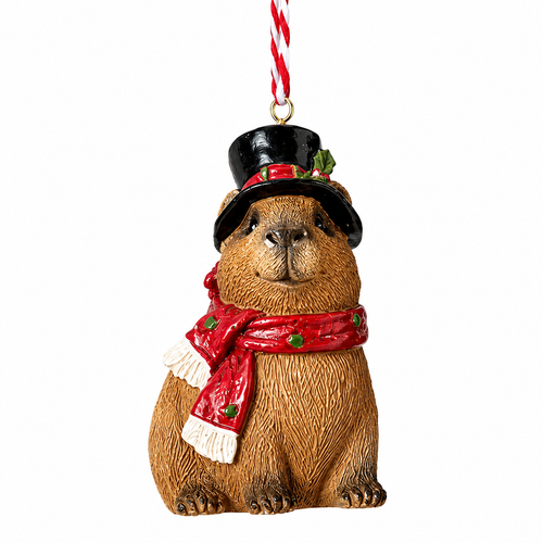 Holiday capybara resin ornament wearing a black top hat and red scarf.

Brown capybara Christmas ornament with festive top hat, red scarf, and striped hanging cord.

2.74-inch capybara ornament with textured fur and red, green, black, and white holiday details.