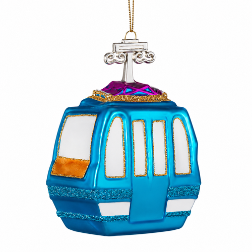 Blue glass holiday gondola ornament with white windows and gold glitter accents.

4.5-inch blue ski gondola Christmas ornament with silver-toned lift assembly and colorful top detail.

Glass gondola ornament with metallic blue finish, white windows, and sparkling blue and gold trim.