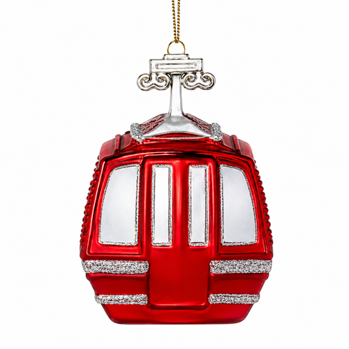 Red glass holiday gondola ornament with white windows and sparkling silver trim.

4.5-inch red ski gondola Christmas ornament with a detailed silver-toned lift assembly.

Glass gondola ornament with glossy red finish, white windows, silver accents, and gold hanging cord.