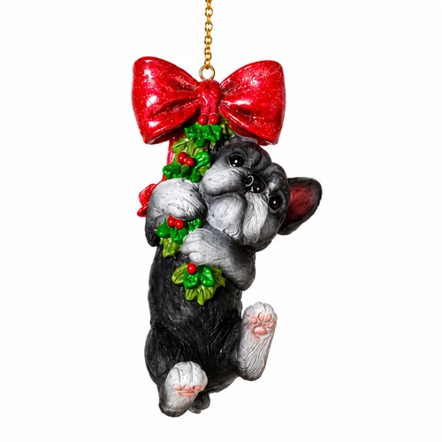Black-and-white dog holiday ornament hanging beneath a glossy red bow.

Resin dog ornament with green holly, red berries, and raised pink paw pads.

3.75-inch black dog Christmas ornament with red bow and festive holly accents.