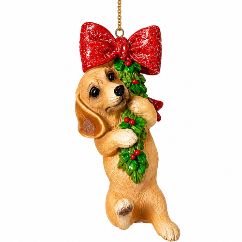 Brown dog Christmas ornament hanging beneath a large glossy red bow.

Resin brown dog ornament holding green holly decorated with red berries.

3.75-inch brown dog holiday ornament with red bow, floppy ears, and holly accents.