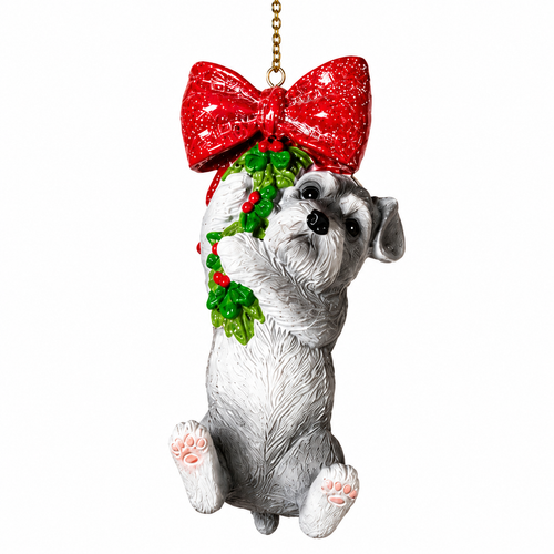 Grey-and-white dog Christmas ornament hanging beneath a glossy red bow.

Resin dog ornament with green holly, red berries, floppy ears, and pink paw pads.

3.75-inch grey dog holiday ornament with oversized red bow and festive holly accents.