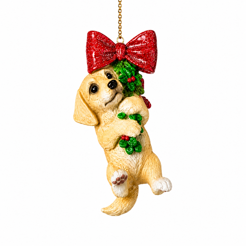 Tan dog Christmas ornament hanging beneath an oversized glossy red bow.

Resin tan dog ornament holding green holly accented with bright red berries.

3.75-inch tan dog holiday ornament with floppy ears, detailed paws, red bow, and holly.