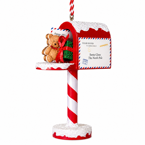 Red Christmas mailbox ornament with snowy trim and a letter addressed to Santa Claus at the North Pole.

Wood mailbox ornament with teddy bear, glittering green gift, red ribbon, and red-and-white striped post.

4.75-inch red mailbox holiday ornament with North Pole mail, snow accents, and hanging cord.